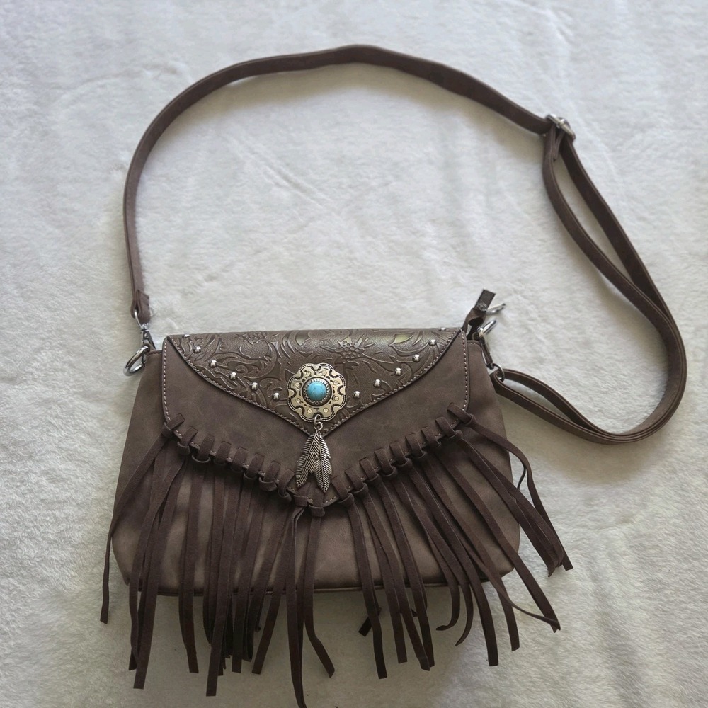Brown Vegan Leather Fringe Turquoise Western Crossbody Bag Studded Boho Festival